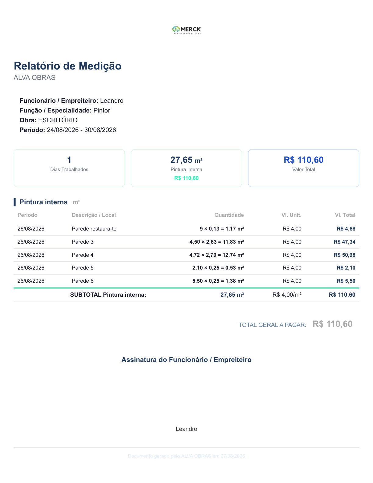 Exemplo do Medição gerado pelo ALVA OBRAS