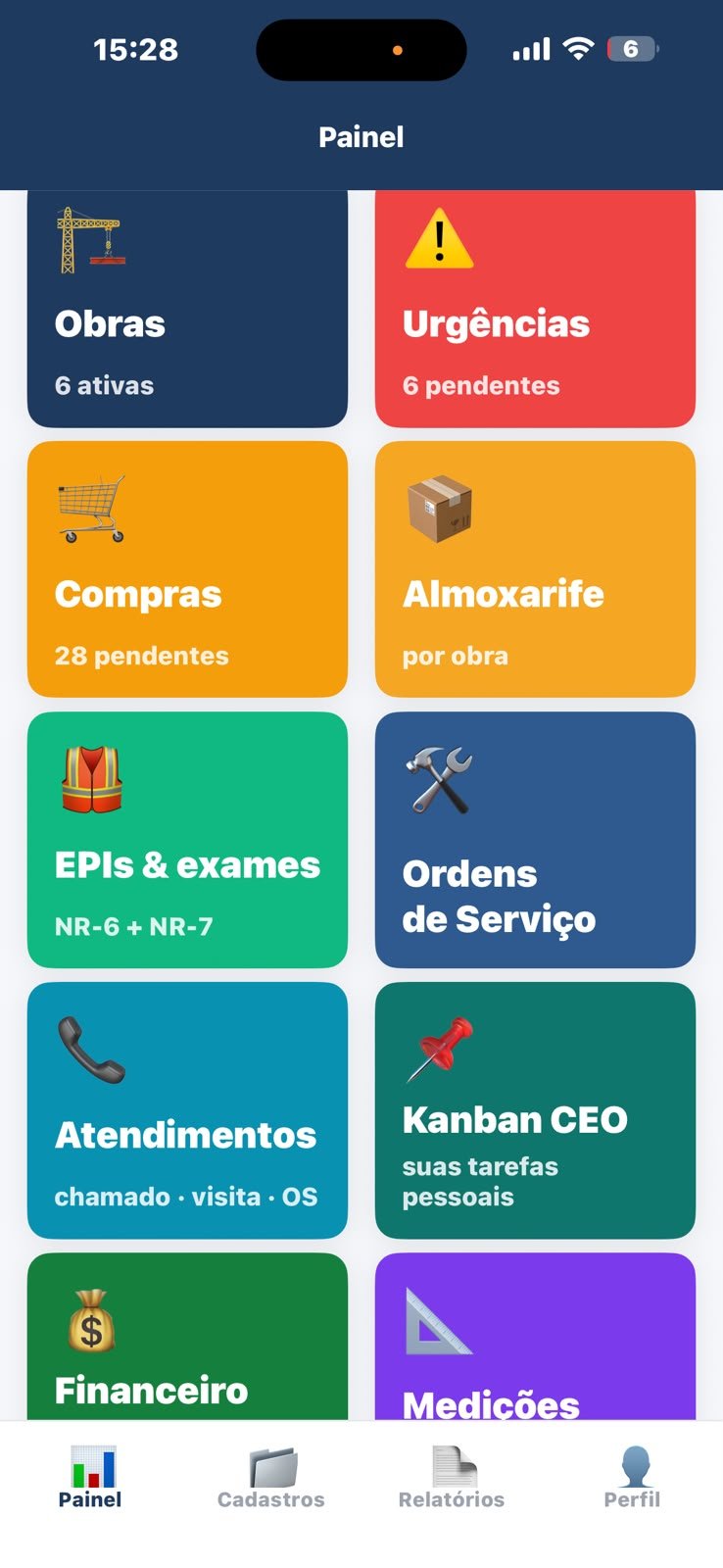 Painel do ALVA OBRAS — sua obra na palma da mão